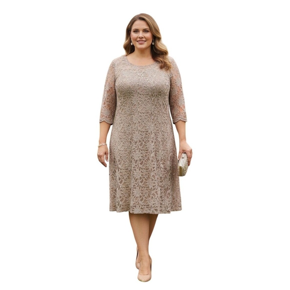 Chris McLaughlin Lace Sequin‎ Dress Women 18W Taupe Mauve 3/4 Sleeve Knee Length